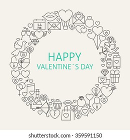 Happy Valentine's Day Line Art Icons Set Circle. Vector Illustration of Decoration and Celebration Objects. Love Wedding Items.