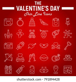 Happy Valentines Day line icon set, holiday symbols collection, vector sketches, logo illustrations, wedding signs linear pictograms package isolated on red background, eps 10.