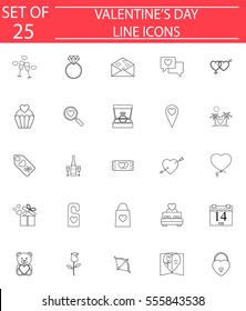 Happy Valentine's day line pictograms package, symbols collection, vector sketches, logo illustrations, linear icons isolated on white background, eps 10.