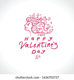 Happy Valentine's day. Linear modern vector template with face with flowers in her hair and lettering design. Elegant vector template.
