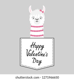 Happy Valentines Day. Llama alpaca face head in the pocket. Pink bow. Cute cartoon animals. Dash line. Kawaii character. White black color. T-shirt design. Baby gray background. Flat design. Vector