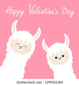Happy Valentines Day. Llama alpaca set. Face neck. Cute cartoon kawaii funny smiling baby animal character. Fluffy hair fur. Love greeting card. Flat design. Pink background. Vector illustration