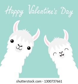 Happy Valentines Day. Llama alpaca animal set. Face neck. Cute cartoon funny kawaii smiling baby character. Fluffy hair fur. Love greeting card. Flat design. Blue background. Vector illustration