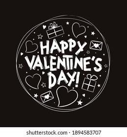 Happy Valentine's Day logo in chalky style. Black and white design with hearts and gift boxes. Hand drawn isolated emblem for greeting cards, banner, stickers. Vector love illustration