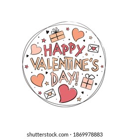 Happy Valentine's Day logo with hearts and gift boxes. Hand drawn isolated emblem for greeting cards, banner, stickers. Vector love illustration