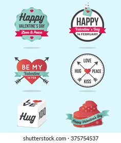 Happy Valentines Day logo, labels, banner,  icons with ornaments hearts, arrow and ribbon. Flat design vector illustration