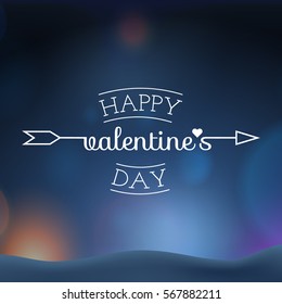 Happy Valentines Day logo. Vector illustration of a Cupid arrow on blurred background