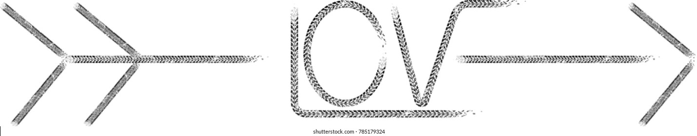 Happy Valentine's Day Love arrow. Hand drawn design elements. Handwritten tire tracks lettering. Car tread silhouette.