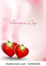 Happy Valentine's Day love background, greeting card with red strawberry in heart shape on pink wave background. EPS 10.