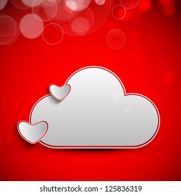 Happy Valentine's Day love background, greeting card with paper hearts and cloud on red background . EPS 10.