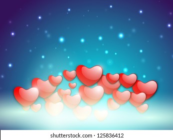Happy Valentine's Day love background, greeting card with glossy red hearts balloons in the sky. EPS 10.