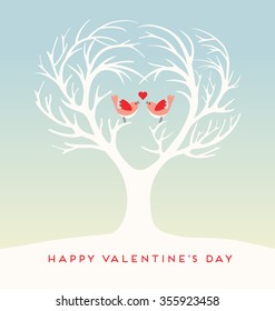 Happy Valentine's Day.  Love birds in heart shaped tree.