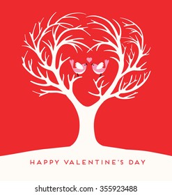 Happy Valentine's Day.  Love birds in heart shaped tree.