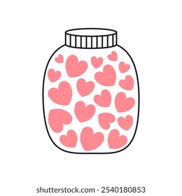 Happy Valentines Day. Love bottle Glass jar with pink hearts inside. Greeting card, postcard, poster, sticker print template. Contour line doodle. Flat design. White background. Isolated. Vector