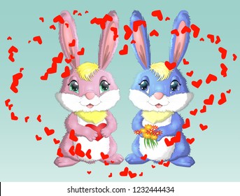 Happy valentine's day. Love card. A pair of cute bunnies girl and boy, pink and deep against a red heart. Concept of love confession, marriage proposal, relationship, couple