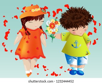 Happy valentine's day. Love card. The boy gives the girl a bouquet on the background of the heart. Declaration of love, proposal to marry, concept