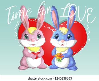 Happy valentine's day. Love card. A pair of cute bunnies girl and boy, pink and deep against a red heart. Concept of love confession, marriage proposal, relationship, couple