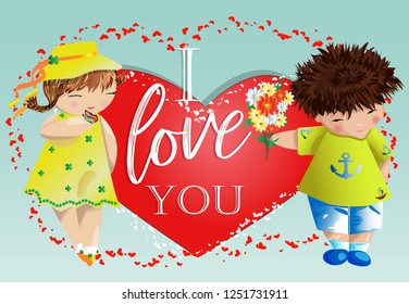 Happy valentine's day. Love card. The boy gives the girl a bouquet on the background of the heart. Declaration of love, proposal to marry, concept