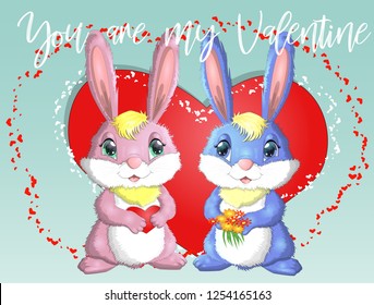 Happy valentine's day. Love card. A pair of cute bunnies girl and boy, pink and deep against a red heart. Concept of love confession, marriage proposal, relationship, couple