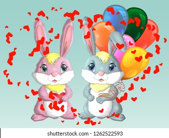 Happy valentine's day. Love card. A pair of cute bunnies girl and boy, pink and deep against a red heart. Concept of love confession, marriage proposal, relationship, couple