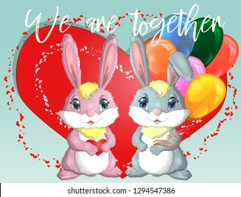 Happy valentine's day. Love card. A pair of cute bunnies girl and boy, pink and deep against a red heart. Concept of love confession, marriage proposal, relationship, couple