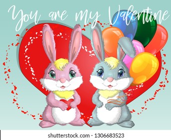 Happy valentine's day. Love card. A pair of cute bunnies girl and boy, pink and deep against a red heart. Concept of love confession, marriage proposal, relationship, couple