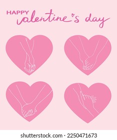 Happy Valentines Day love card. Holding hands set. Heart shapes. Hand in hand. Handwriting. Love theme. Romantic. Hand drawn art