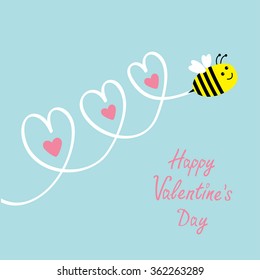 Happy Valentines Day. Love card. Cute flying bee. Three hearts in the sky. Baby background. Flat design. Vector illustration