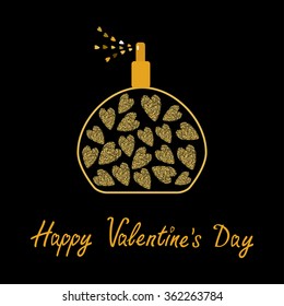 Happy Valentines Day. Love card. Perfume bottle with hearts inside. Gold sparkles glitter texture Black background. Vector illustration