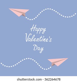 Happy Valentines Day. Love card. Two origami paper plane. Dash line in the sky. Flat design. Serenity, pink rose quartz color. Vector illustration