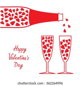 Happy Valentines Day. Love card. Champagne bottle and glasses with hearts. Flat design. White background.  Vector illustration