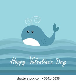 Happy Valentines Day. Love card. Cartoon whale in the ocean with blue waves Kids background Flat design. Vector illustration