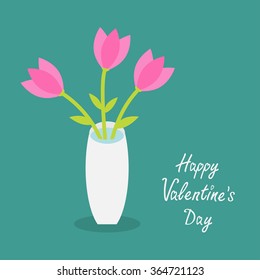 Happy Valentines Day. Love card. Bouquet of pink tulip flowers in a vase. Flat design. Vector illustration