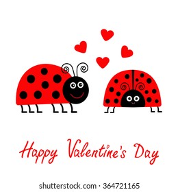  Alles Gute zum Valentinstag! Liebeskarte. Zwei Cartoon rosa Lady Bug Paar mit Herzen Flaches Design. Vektorgrafik