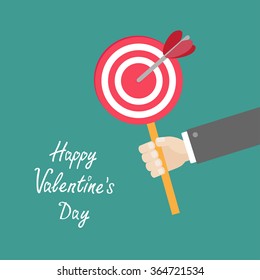 Happy Valentines Day. Love card. Businessman hand holding paper target with heart arrow on the stick Flat design. Vector illustration