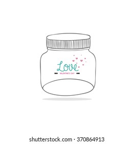 Happy Valentines Day. Love card. Bottle jar with hearts inside.
