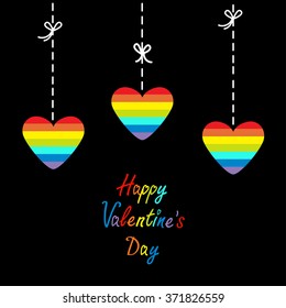Happy Valentines Day. Love card. Hanging rainbow heart set.  Dash line with bows. Flat design. Vector illustration