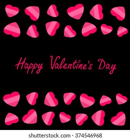 Happy Valentines Day. Love card. Heart frame. Flat design Striped pink symbol on black background. Vector illustration