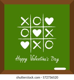 Happy Valentines Day. Love card. Tic tac toe game with cross and three heart sign mark XOXO Chalk line on school board. Wooden frame. Flat design Green background. Vector illustration