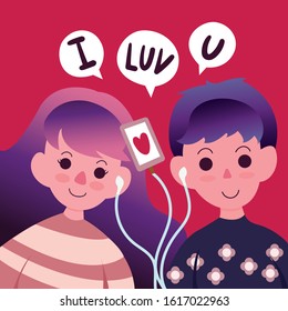 Happy Valentine's Day with love couple listening music through earphones, Valentines Day background couple in a relationship, Valentine card and poster