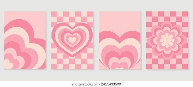 Happy Valentine's day love cover vector set. Romantic symbol wallpaper of geometric shape pattern, heart shaped icon. Love illustration for greeting card, web banner, package, cover, fabric.