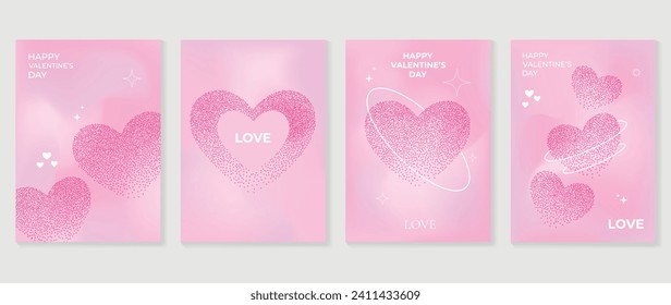 Feliz conjunto de vectores de la portada de amor del día de San Valentín. Cartel romántico decorado con textura de manchas cardíacas, fondo pastel degradado. Diseño para tarjetas de felicitación, moda, comercial, banner, invitación.