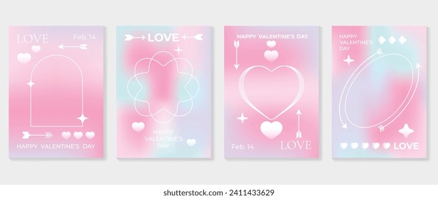 Happy Valentine's day love cover vector set. Romantic symbol poster decorate with trendy gradient heart pastel colorful background. Design for greeting card, fashion, commercial, banner, invitation.