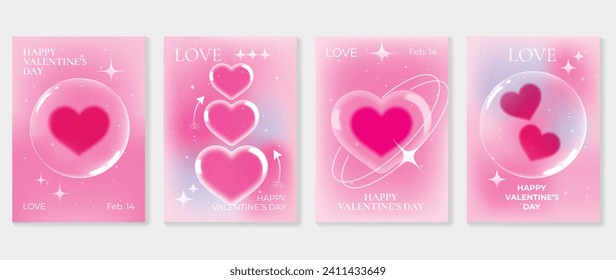 Happy Valentine's day love cover vector set. Romantic symbol poster decorate with trendy gradient heart vibrant colorful background. Design for greeting card, fashion, commercial, banner, invitation.