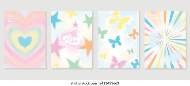 Happy Valentine's day love cover vector set. Romantic symbol poster decorate with heart, star, butterfly, gradient background. Design for greeting card, fashion, commercial, banner, invitation.