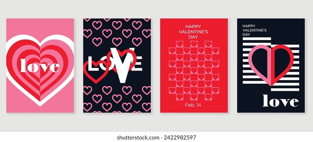 Happy Valentine's day love cover vector set. Romantic symbol wallpaper of geometric shape pattern, heart shaped icon. Love illustration for greeting card, web banner, package, cover, fabric.