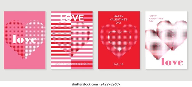 Happy Valentine's day love cover vector set. Romantic symbol wallpaper of geometric shape pattern, heart shaped icon, halftone. Love illustration for greeting card, web banner, package, cover, fabric.