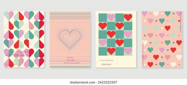 Happy Valentine's day love cover vector set. Romantic symbol wallpaper of geometric shape pattern, heart shaped icon. Love illustration for greeting card, web banner, package, cover, fabric.