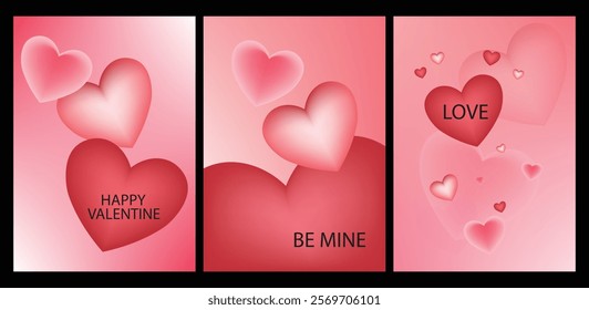 Happy Valentine's day love cover vector set. Romantic symbol poster decorate with trendy gradient mess heart colorful background, Design for greeting card, fashion, commercial, banner, invitation.