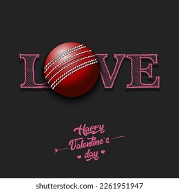 Happy Valentines Day. Love and cricket ball. Design pattern on the cricket theme for greeting card, logo, emblem, banner, poster, flyer, badges. Vector illustration